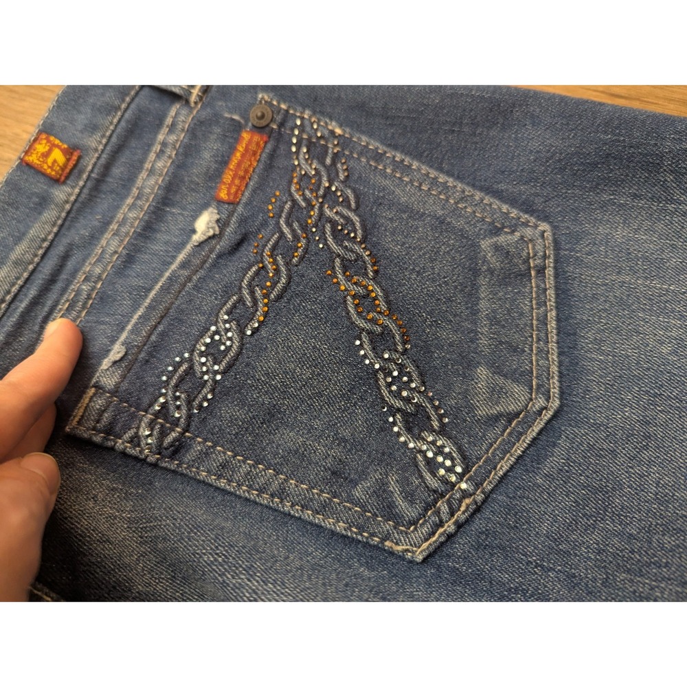7 For All Mankind Dojo Jeans 28x34 Blue Medium Wash Straight Skinny Chain Sequin - Picture 9 of 16